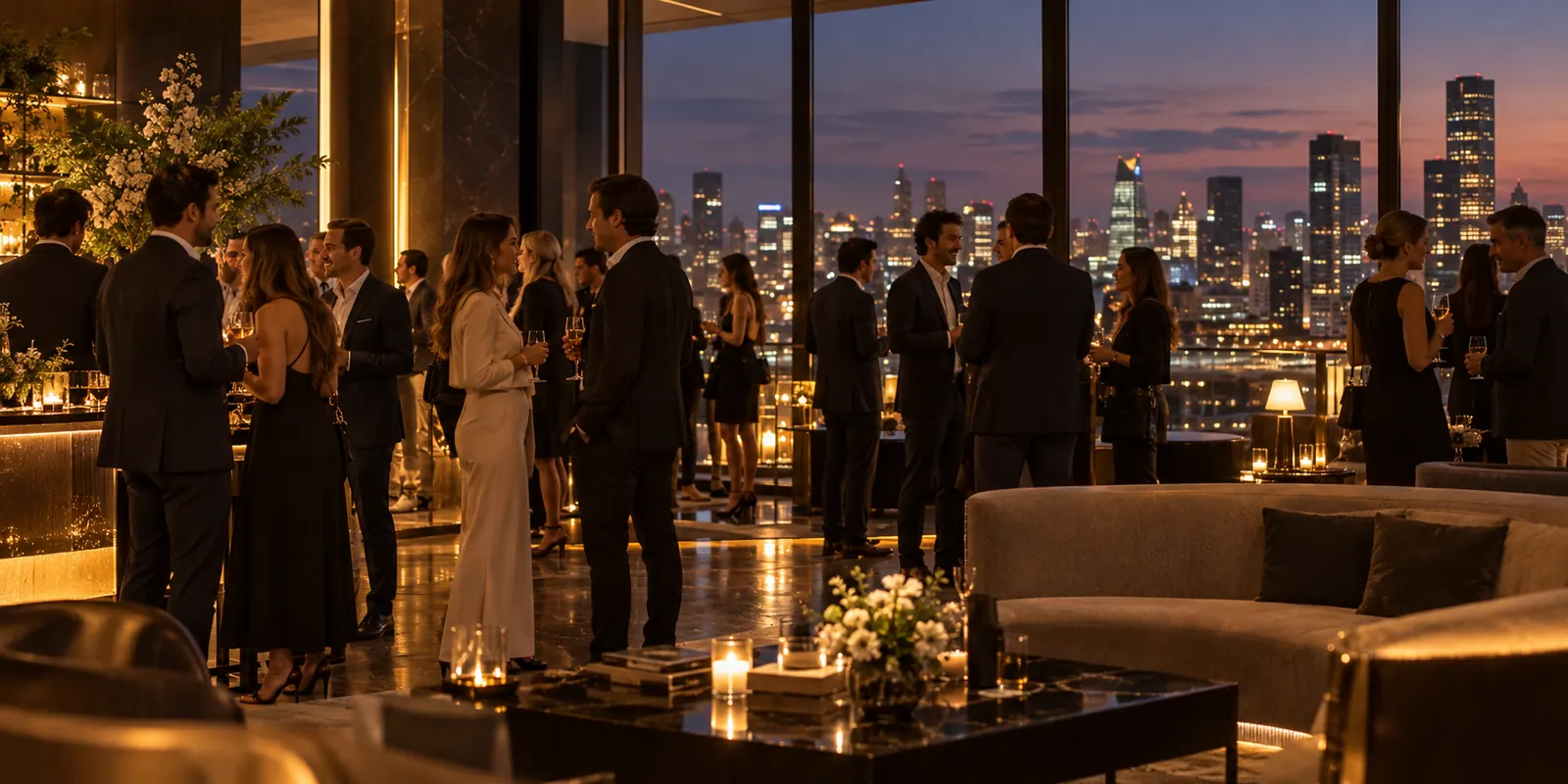 Evento corporativo en un salón con ventanales y vista a la ciudad de noche