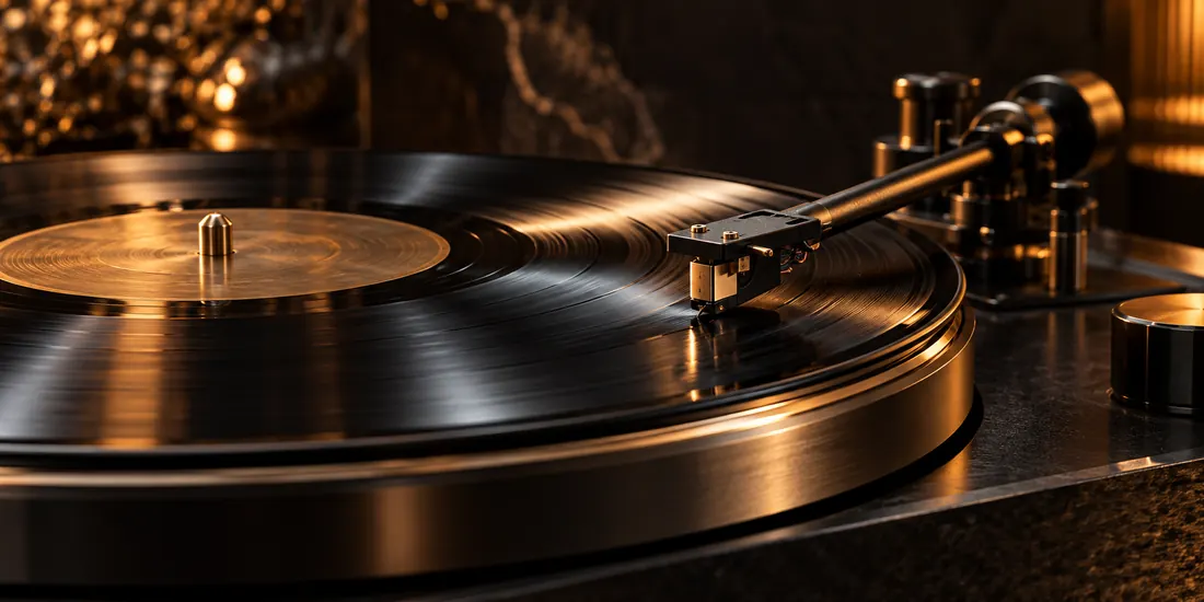 Bandeja giradiscos con un vinilo en primer plano