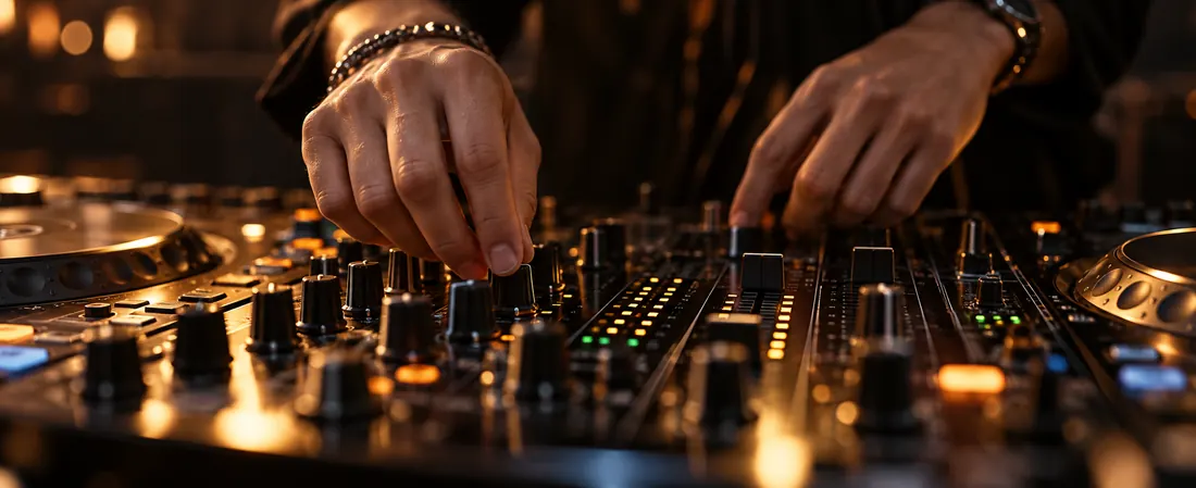 Manos de un DJ ajustando la consola de mezcla